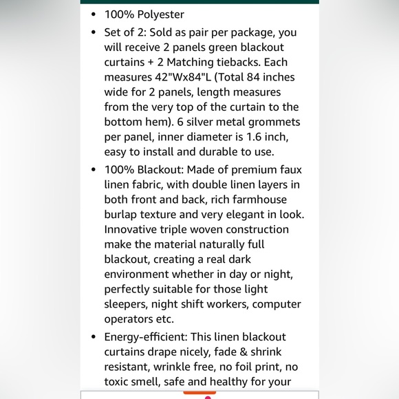 Green Faux Linen Blackout Curtains Set of 2 - Picture 7 of 8